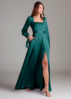 Azazie Leonia Bridesmaid Dresses Peacock A-Line Long Sleeve Stretch Satin Dress image4