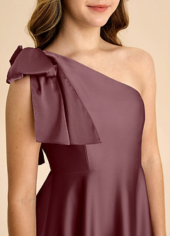 Azazie Penguin Junior Sangria A-Line Bow Stretch Satin Dress image7