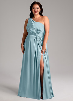Azazie Brooke Vestidos de damas de honor Vestido de Azul Malhumorado de Satén Elástico de Corte en A con Hombro unilateral image8