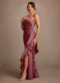 Azazie Yvette Mother of the Bride Dresses Desert Rose Sheath One Shoulder Stretch Satin Dress image4