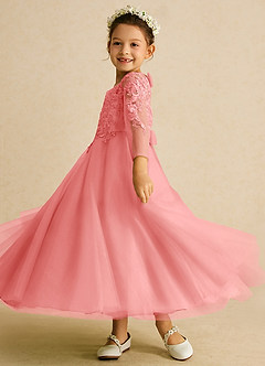 Azazie Precious Blumenmädchenkleider A-Linie Spitze Tüll Kleid Koralle image5