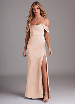 Azazie Saige Bridesmaid Dresses Blushing Pink Sheath Off the Shoulder Stretch Satin Dress image3
