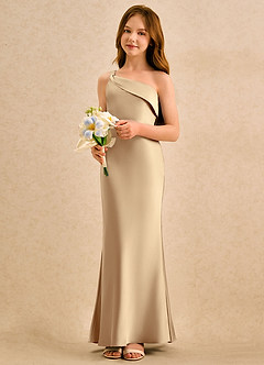 Azazie Almond Girls Formal Sukienki dla dziewczynek sypiących kwiaty Osłona Jedno ramię Satyna elastyczna Długość podłogi Sukienka image3