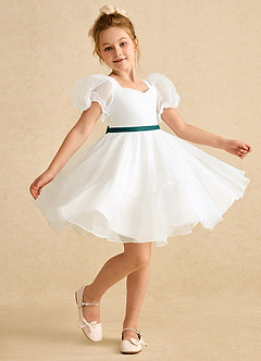 Azazie Debbie Flower Girl Dresses Ivory Peacock Ball-Gown Sweetheart Neckline Organza Dress image3