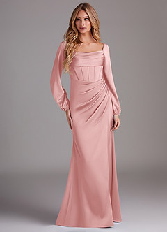Azazie Charissa Bridesmaid Dresses Powder Pink Sheath Long Sleeve Stretch Satin Dress image3