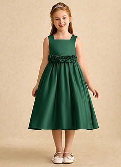 Azazie Peaches Flower Girl Dresses Dark Green A-Line Bow Matte Satin Dress image1