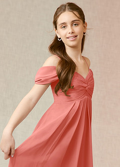 Azazie Kaitlynn Junior Salmon Pink A-Line Off the Shoulder Chiffon Dress image6