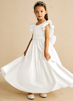 Azazie Piglette Flower Girl Dresses Ivory A-Line Bow Matte Satin Dress image2