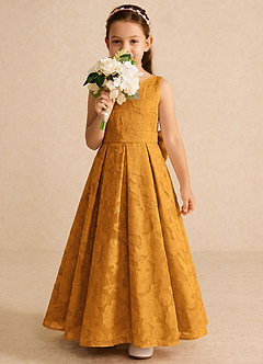 Azazie Pipssy Robe Demoiselle D'honneur Fillette Robe Trapèze en Blumen-Burnout Plissé Caramel écossais image3
