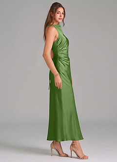 Azazie Evadne Vestidos de damas de honor Vestido de Albahaca de Satén Elástico de Corte Recto con Plisado image4