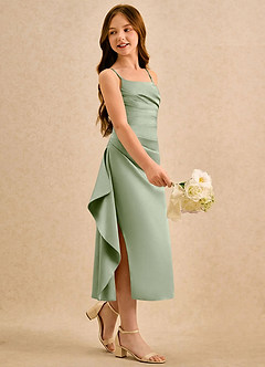 Azazie Canna Girls Formal Sukienki dla dziewczynek sypiących kwiaty Linia A Pofałdowany Satyna elastyczna Długość herbaty Sukienka image1