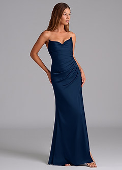 Azazie Claudelle Brautjungfernkleider Meerjungfrau-Linie Schulterfrei Stretch-Satin Kleid Dunkelmarine image4