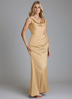 Azazie Tallie Bridesmaid Dresses Gold Mermaid Pleated Stretch Satin Dress image7