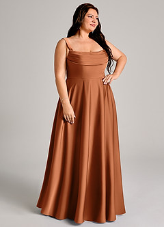 Azazie Shaude Bridesmaid Dresses Copper A-Line Pleated Stretch Satin Dress image10