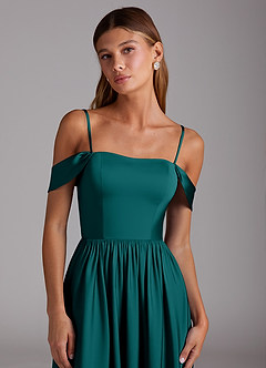 Azazie Calianna Jurken voor bruidsmeisjes Converteerbaar Jurk van Stretch Satijn met A-Lijn Off the Shoulder Pauw image2