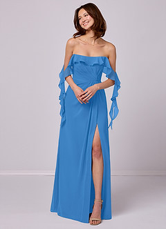 Barbie ♥ Azazie Jurken voor bruidsmeisjes Converteerbaar Jurk van Chiffon met A-Lijn Off the Shoulder Blauwe Gaai image3