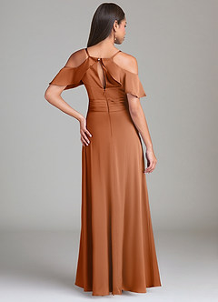 Azazie Dakota Robes de demoiselle d'honneur Robe Trapèze en Satin extensible Épaule décolletée Cuivre image2