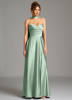 Azazie Ayla At-home Try On Dresses Agave A-Line Corset Stretch Satin Dress image4