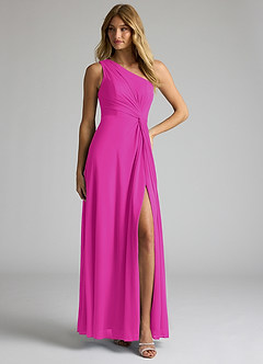 Azazie Brooke Bridesmaid Dresses Fuchsia A-Line One Shoulder Mesh Dress image3