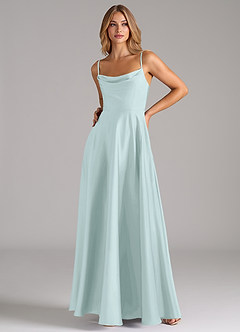 Azazie Elle Bridesmaid Dresses Sea Glass A-Line Pleated Stretch Satin Dress image5