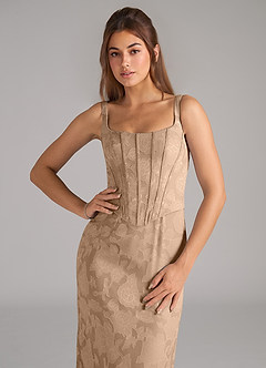 Azazie Kenna Bridesmaid Dresses Champagne Sheath Side Slit Floral Burnout Dress image6