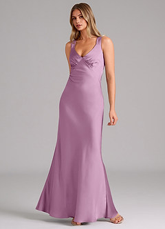 Azazie Kamila Bridesmaid Dresses Wisteria A-Line Pleated Stretch Satin Dress image3