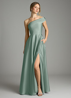 Azazie Melanie Vestidos de damas de honor Vestido de Salvia Plateada de Satén Elástico de Corte en A con Vestidos sin tirantes image1