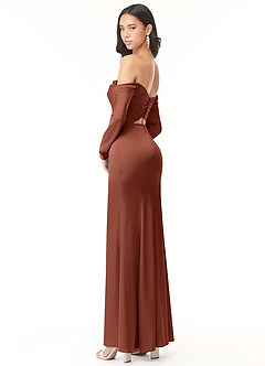 Azazie Hallie Bridesmaid Dresses Clay Sheath Off-The-Shoulder Long Sleeve Stretch Satin Convertible Dress image6