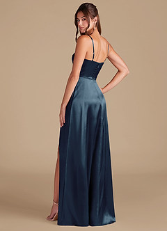 Azazie Halsey Bridesmaid Dresses Dark Navy A-Line Side Slit Metallic Satin Dress image6