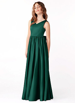 Azazie Hathaway Junior Emerald A-Line Bow Stretch Satin Dress image4