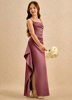 Azazie Cannoli Girls Formal Blomsterpigekjoler A-Line Plisseret Mat satin Gulv-længde Kjole image4