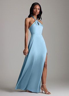 Azazie Tracie Bridesmaid Dresses Steel Blue A-Line Side Slit Stretch Satin Dress image3