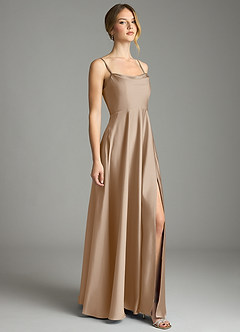 Azazie Elle Bridesmaid Dresses Taupe A-Line Pleated Stretch Satin Dress image4