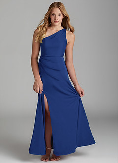 Azazie Maron Junior Royal Blue A-Line Pleated Stretch Satin Dress image1