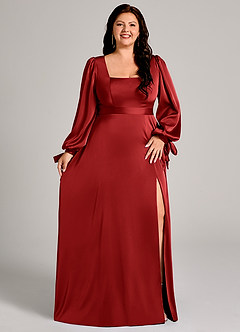 Azazie Leonia Brautjungfernkleider A-Linie Langarm Stretch-Satin Kleid Granatapfelrot image11