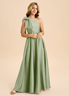 Azazie Penguin Junior Dusty Sage A-Line Bow Stretch Satin Dress image4