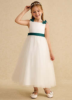 Azazie Lilli Flower Girl Dresses Ivory Peacock A-Line Bow Tulle Dress image5