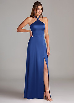 Azazie Elliana Bridesmaid Dresses Royal Blue A-Line Side Slit Stretch Satin Dress image3