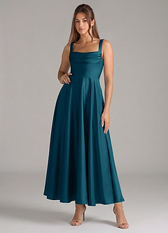 Azazie Shaude Bridesmaid Dresses Ink Blue A-Line Pleated Stretch Satin Dress image1