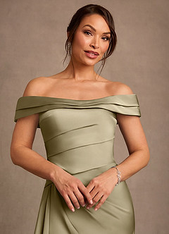 Azazie Beah Mère de la mariée Robes Robe Fourreau en Satin extensible Épaule décolletée Vert Mousse image6