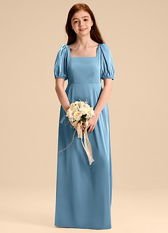 Azazie Briar Junior Abito A-Line in Raso Elasticizzato Fiocco Blu Acciaio image1