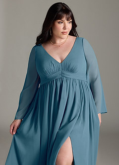 Azazie Teton Zwangerschaps Bruidsmeisjekleding A-Lijn Lange mouw Chiffon Vloerlengte Jurk image12