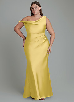 Azazie Emerson Bridesmaid Dresses Canary Mermaid Off the Shoulder Stretch Satin Dress image8