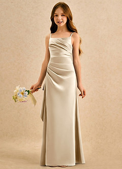 Azazie Cannoli Girls Formal Blomsterpigekjoler A-Line Plisseret Mat satin Gulv-længde Kjole image5