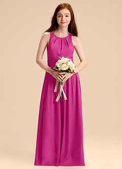 Azazie Bibiane Junior Fuchsia A-Line Pleated Stretch Satin Dress image4