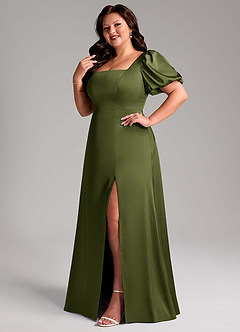 Azazie Fyona Bridesmaid Dresses Olive A-Line Pleated Stretch Satin Dress image12