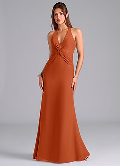 Azazie Valerie Vestidos de damas de honor Vestido de Naranja Quemada de Gasa de Corte Sirena con Plisado image4