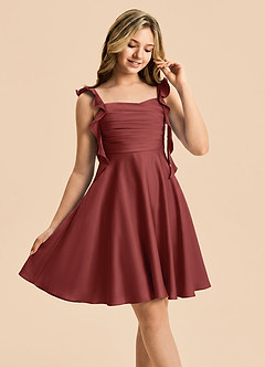 Azazie Kira Junior Terracotta A-Line Ruched Stretch Satin Dress image5