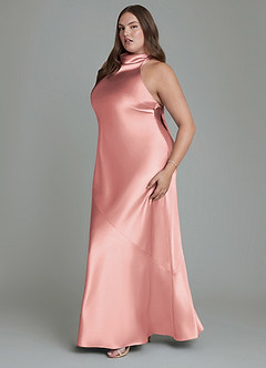 Azazie Velli Vestidos de damas de honor Vestido Rosa Polvorienta de Satén Metálico de Corte Recto con Cuello alto image13