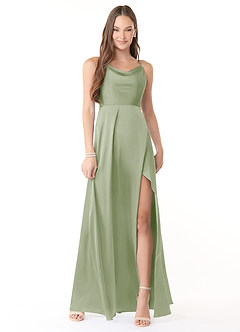 Azazie Naomie Bridesmaid Dresses Dusty Sage A-Line Cowl Neckline Side Slit Stretch Satin Dress image1